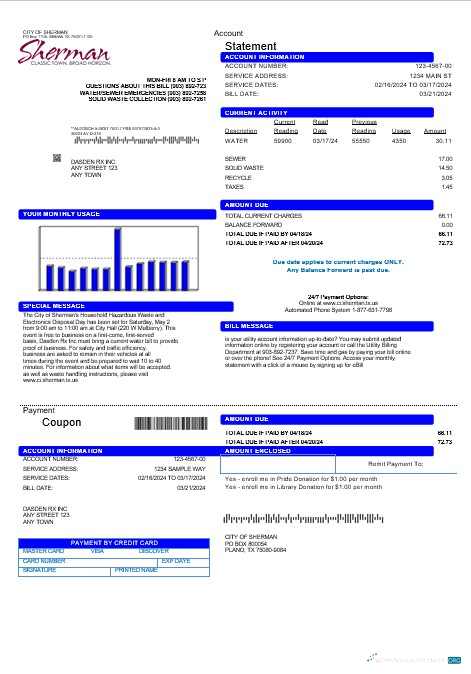 Download USA City of Sherman business utility bill template in Word and PDF formats Photoshop template